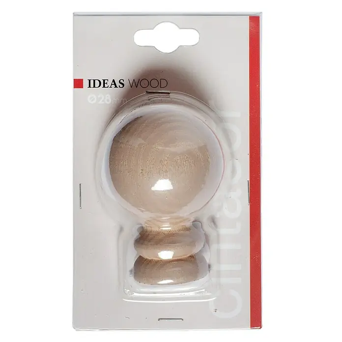 Tapa final Ideas wood modelo pomo - Fresno, 1 ud. - Primer plano de una bola de madera empaquetada con base, ideal para proyectos de bricolaje y como elemento decorativo para muebles.