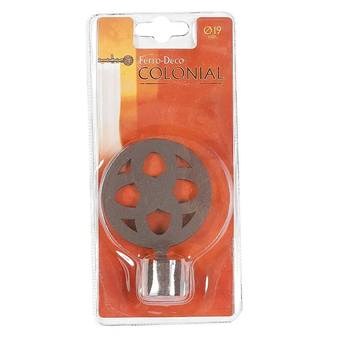 Tapa final Celosía - Óxido, 1 ud. - Un extremo de barra de cortina Ferro-Deco Colonial, ⌀19 mm, en un paquete transparente con fondo naranja.