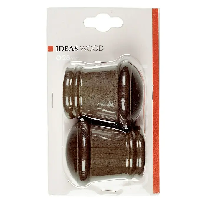Tapa final Ideas wood cono - Nogal, 2 ud. - Dos pomos de madera de Ideas Wood, envasados en una tarjeta blanca con una franja roja.