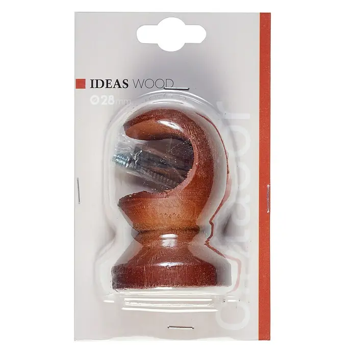 Soporte de techo Ideas Wood - Cedro, Barras para las cortinas de Ø 28 mm - Primer plano del extremo de una barra de cortina de madera en un embalaje transparente con tornillos, ideal para colgar cortinas eficazmente.