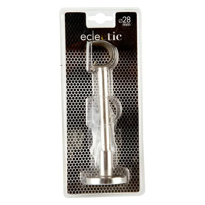 Soporte de pared Eclectic - L x An x Al: 17,2 x 5,3 x 5,3 cm, Diámetro: 28 mm, Metal - Primer plano de un soporte de barra de cortina Eclectic Ø28mm en un embalaje transparente con un fondo estampado negro.