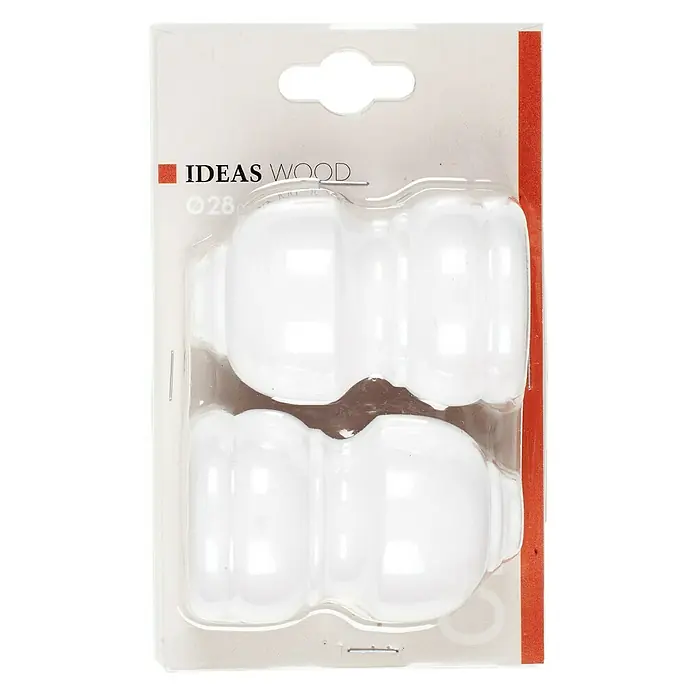 Tapa final Ideas wood Classic - Blanco, 2 ud. - Embalaje con dos pomos de muebles blancos de doble pomo de Ideas Wood. Los pomos están en un embalaje de plástico transparente con una franja lateral roja.