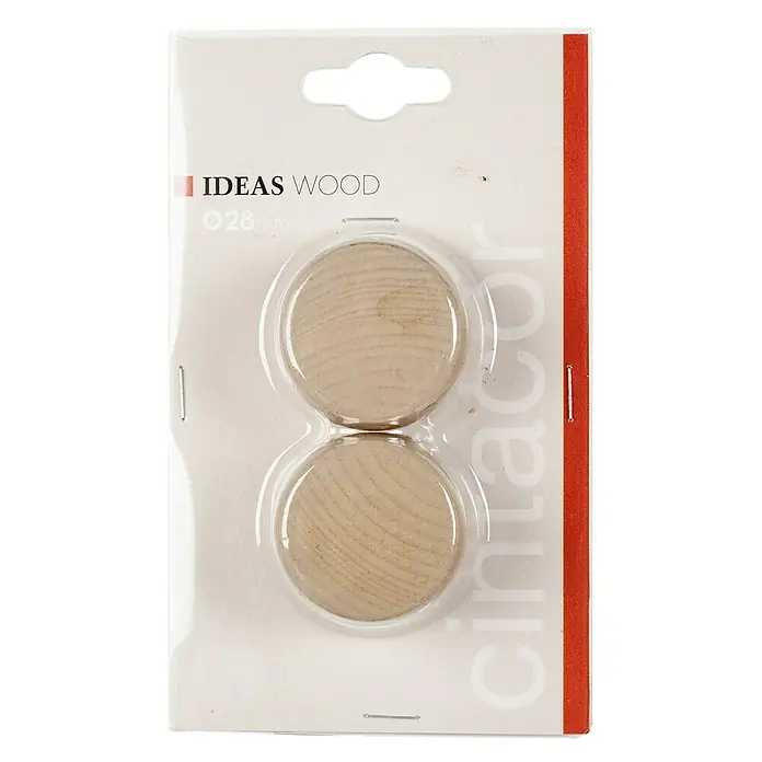 Tapones terminales Ideas Wood - Fresno, 2 ud. - Un paquete de dos tapones de madera de 28 mm de Ideas Wood en un paquete de plástico transparente con una franja roja en el lateral.