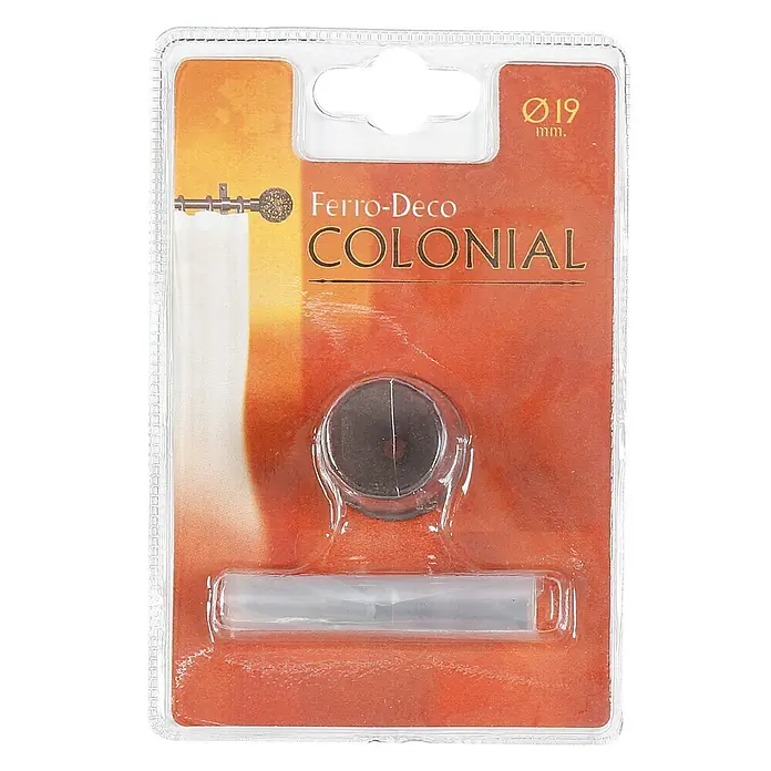 Soporte de pared lateral Colonial - L x An x Al: 2,1 x 2,8 x 2,8 cm, Diámetro: 19 mm, Metal, Óxido - Primer plano de un paquete que contiene un tirador de muebles Ferro-Deco Colonial con accesorios.