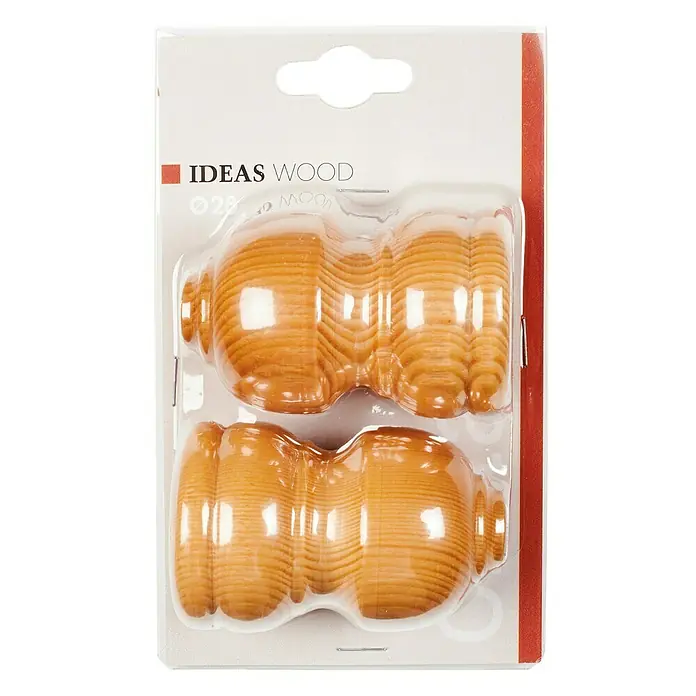 Tapa final Ideas wood Classic - Haya, 2 ud. - Primer plano de un paquete de dos mangos de madera con textura acanalada, presentado en un embalaje de plástico transparente.