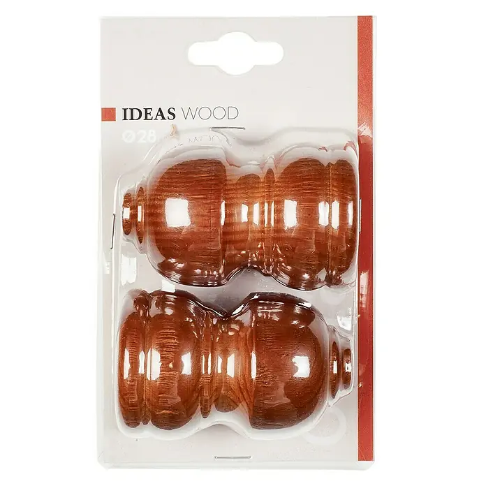 Tapa final Ideas wood Classic - Cedro, 2 ud. - Primer plano de un paquete de dos remates de barra de cortina de madera de Ideas Wood, envasados en plástico transparente.