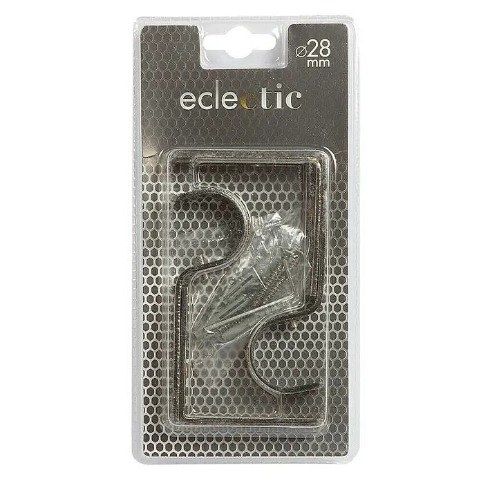 Soporte de pared Eclectic - L x An x Al: 10,8 x 1,6 x 6,5 cm, Diámetro: 28 mm, Metal - Primer plano de un paquete de soporte de barra de cortina Eclectic, incluyendo tornillos y anclajes, diámetro de 28 mm, sobre fondo neutro.