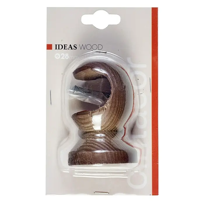 Soporte de techo Ideas Wood - Nogal, Barras para las cortinas de Ø 28 mm - Primer plano de un soporte de barra de cortina de madera IDEAS WOOD, empaquetado en un embalaje de plástico transparente.