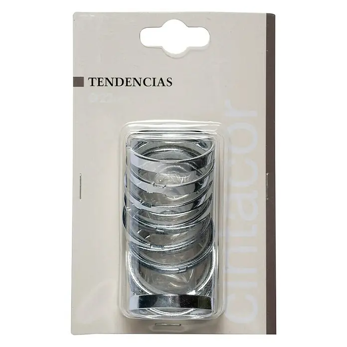 Anilla para cortinas Tendencias - 10 ud., Diámetro: 22 mm, Cromo - Primer plano de anillas para cortinas Tendencias empaquetadas, de 22 mm de diámetro, con acabado cromado brillante.