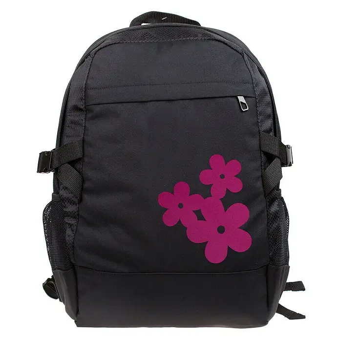 Vinilo de pared Flores - Rosa, Textil - Mochila negra con un estampado floral rosa para el uso diario o viajes. Es práctica y moderna.