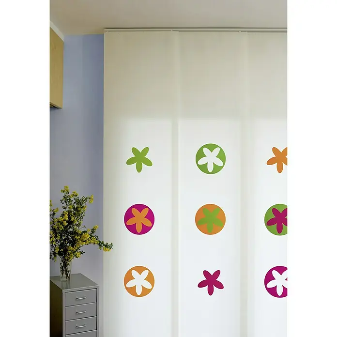 Vinilo de pared Estrella - Naranja, Textil - Cortina de panel decorativa con motivos florales coloridos, ideal como decoración de ventanas o separador de ambientes. Diseño moderno para un ambiente alegre.