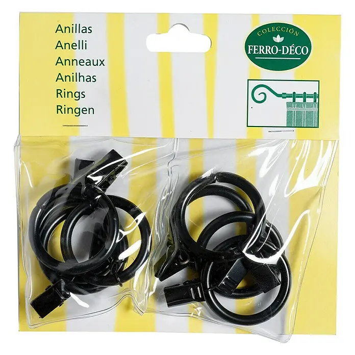 Anilla para cortinas Ferro deco - Negro, 8 ud. - Paquete de anillas de cortina negras con clips para barras de cortina, ideales para sujetar cortinas.