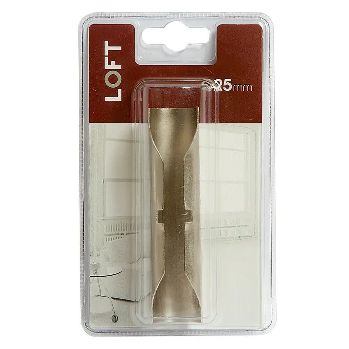 Elemento de unión de barra Loft - 12 x 2,6 x 2,7 cm, Gris - Primer plano de un tirador de ventana LOFT de 25 mm en un embalaje transparente sobre un fondo neutro.