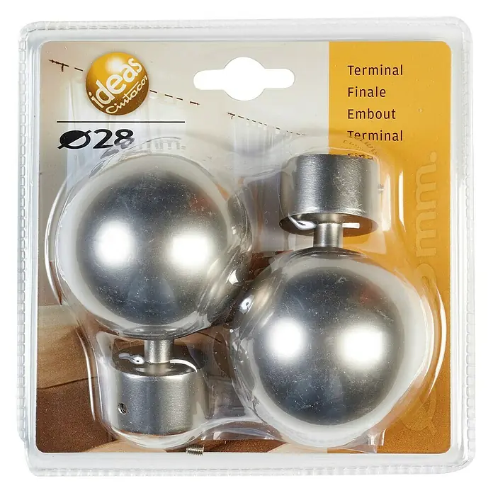 Tapones terminales Ideas 28 Esfera - Plateado, 2 ud. - Un paquete que contiene dos terminales de barra de cortina en forma de bola plateada, envasados en plástico transparente con detalles amarillos.