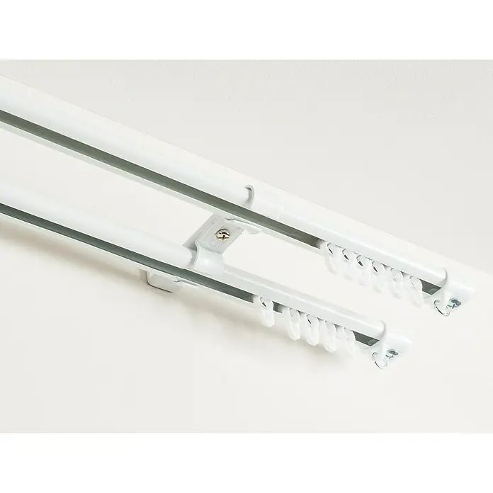 Soporte de pared Riel basic - L x An x Al: 9,5 x 2 x 2,7 cm, Metal - Riel de cortina doble blanco con deslizadores y accesorios de montaje para una decoración elegante de la ventana.