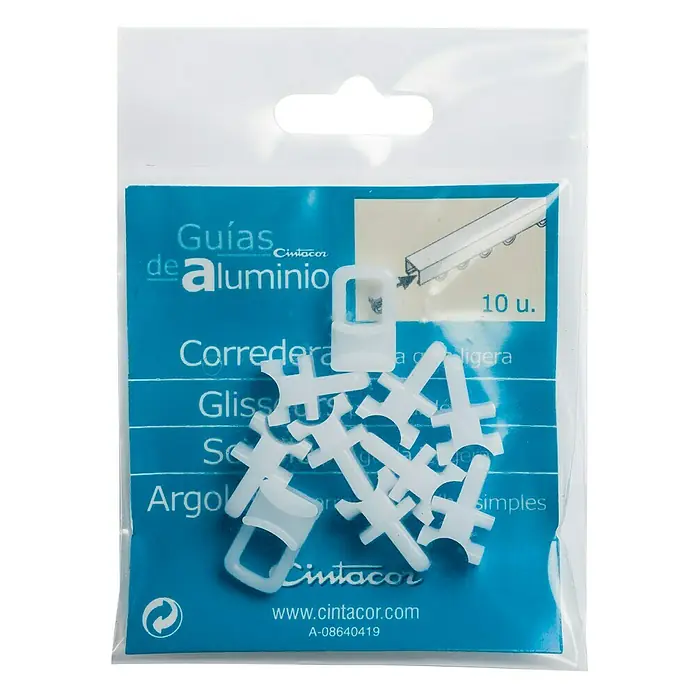 Guía de carril pieza corredera ligera - L x An x Al: 0,9 x 0,9 x 1,5 cm, Plástico, Blanco - Imagen de un paquete de deslizadores de cortina blancos CINTACOR aptos para rieles de aluminio, que contiene 10 piezas en un paquete.