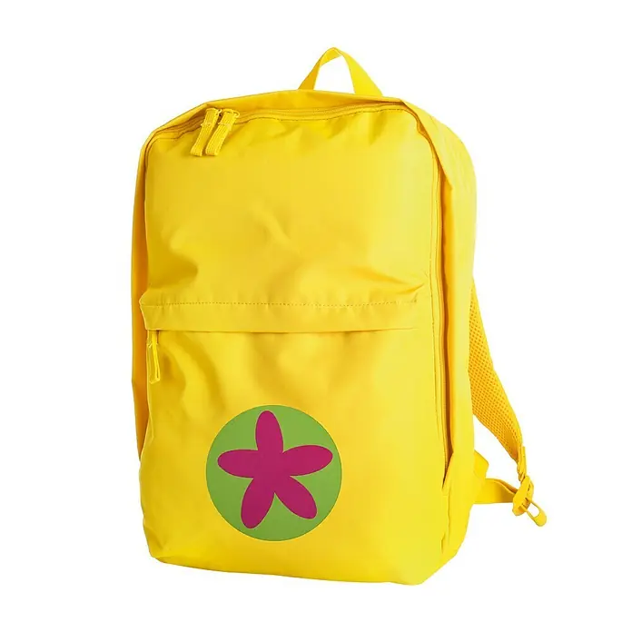 Vinilo de pared Estrella - Verde/Rosa, Textil - Mochila amarilla con una flor rosa sobre un círculo verde. ¡Práctica para la escuela o excursiones!