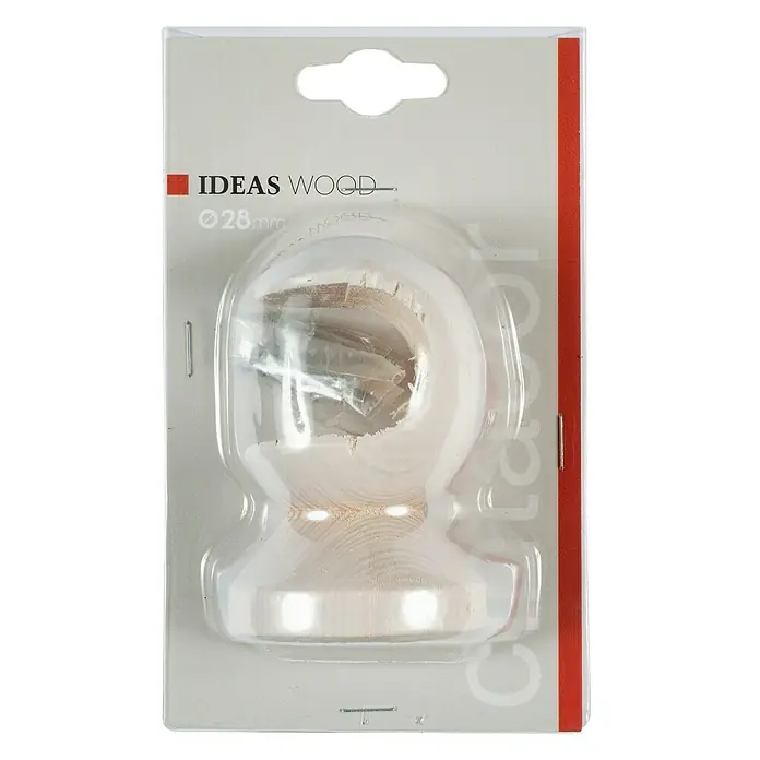 Soporte de techo Ideas Wood - Yeso, Barras para las cortinas de Ø 28 mm - Primer plano de un soporte para barra de cortina de madera "IDEAS WOOD" de 28 mm en un embalaje de plástico transparente con una franja roja.