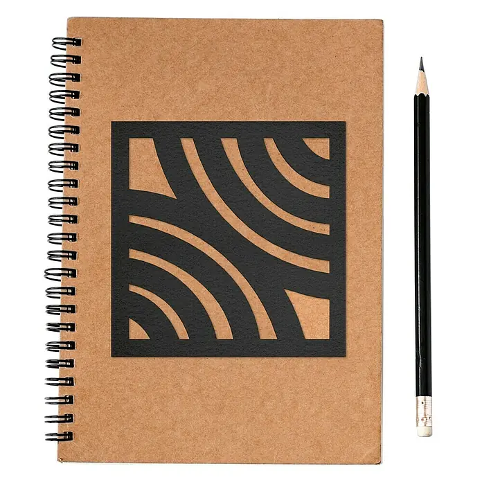 Vinilo de pared Cuadro - Negro, Textil - Cuaderno de espiral con cubierta marrón y diseño negro, al lado hay un lápiz.