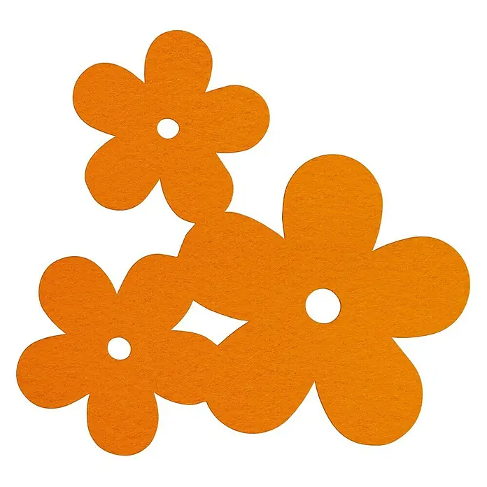 Vinilo de pared Flores - Naranja, Textil - Tres flores anaranjadas de fieltro con centros blancos, formando una decoración alegre y vibrante.