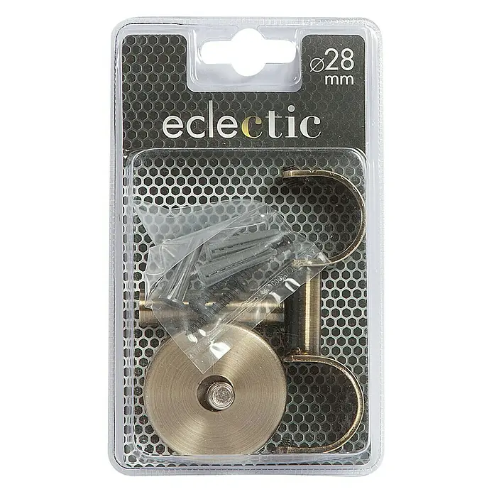 Soporte de techo Eclectic - Bronce, L x An x Al: 8,2 x 4,6 x 9,8 cm, Atornillado - Primer plano de un soporte de barra de cortina "eclectic" en su embalaje, con los herrajes.