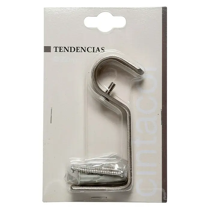 Soporte de pared Tendencias - L x An x Al: 10 x 1,6 x 5,6 cm, Diámetro: 22 mm, Metal - Primer plano de un soporte de barra de cortina de Tendencias empaquetado, con tornillos y anclajes incluidos, ideal para la decoración.