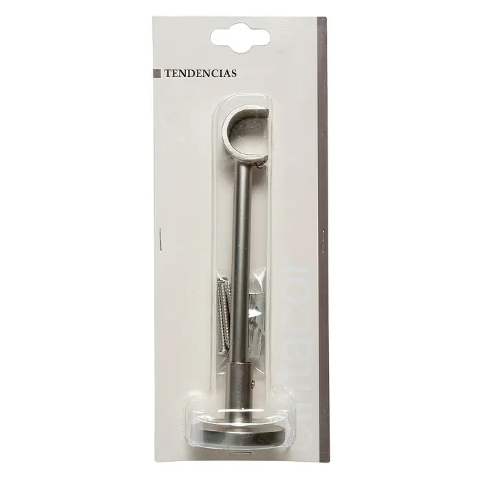 Soporte de pared Largo Tendencias - L x An x Al: 17,4 x 4,8 x 4,8 cm, Diámetro: 22 mm, Metal, Plateado - Primer plano de un único soporte para barra de cortina de la marca Tendencias, empaquetado, con los tornillos asociados.
