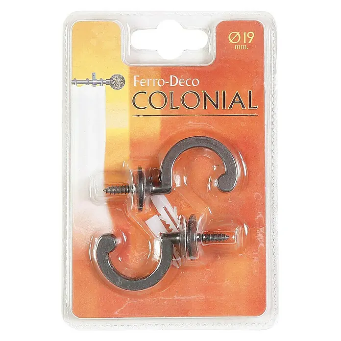 Alzapaños Colonial negro - 4,4 x 0,5 x 2,5 cm, Metal - Imagen del producto: Paquete de dos ganchos para cortinas Colonial de Ferro-Déco, completo con tornillos y tacos. Accesorio práctico para cortinas.