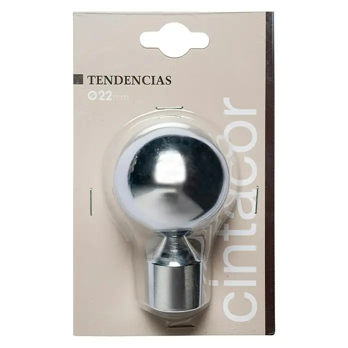 Tapa final Esfera Tendencias - Cromo, 1 ud. - Primer plano de un extremo de barra de cortina plateado empaquetado con diseño de bola, acabado brillante y base cilíndrica.