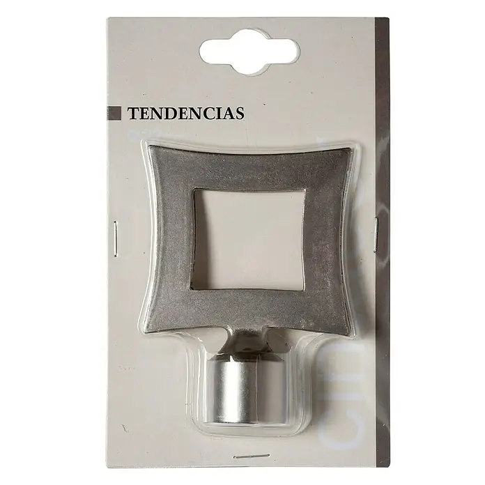 Tapa final Tendencias Marco - Plateado, 1 ud. - Primer plano de una barra de cortina plateada empaquetada con un remate cuadrado.