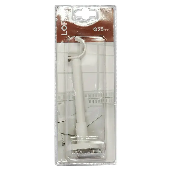 Soporte de pared largo Loft - L x An x Al: 16,7 x 5 x 5 cm, Diámetro: 25 mm, Metal - Primer plano de un soporte de barra de cortina LOFT blanco Ø25mm en un embalaje de plástico transparente con fondo marrón.