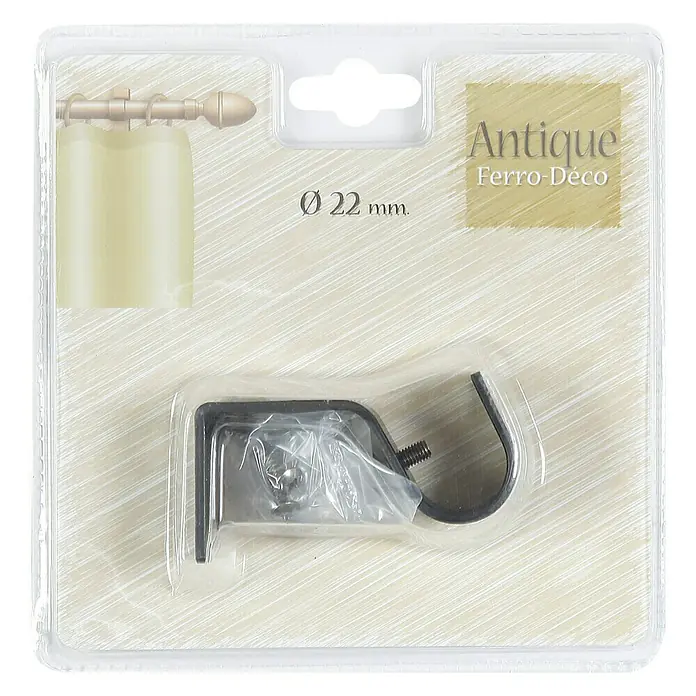 Soporte de techo para barra de cortina Antique - 7,7 x 2,5 x 4 cm, Diámetro: 22 mm, Montaje en la pared - Imagen de un soporte de pared para barras de cortina con un diámetro de 22 mm, envasado en un embalaje de plástico transparente.
