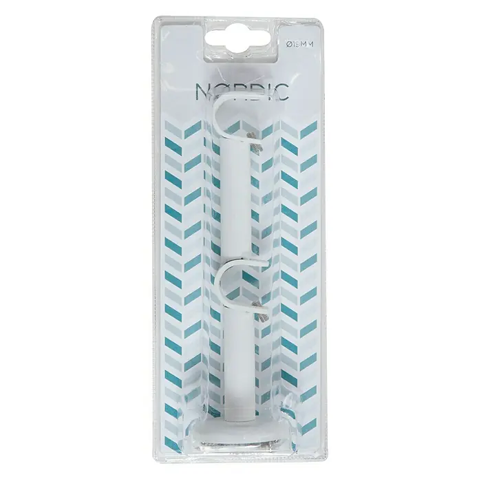 Soporte de pared doble Nordic - L x An x Al: 17,8 x 5 x 5 cm, Diámetro: 19 mm, Metal, Blanco - Soporte de barra de cortina Nordic en un embalaje transparente con un patrón azul y blanco.