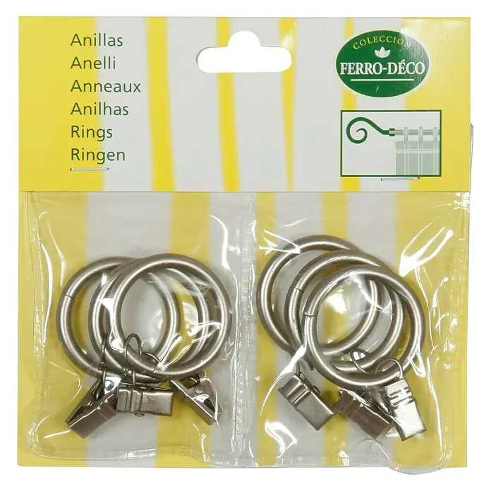 Anilla para cortinas Ferro deco pinza - Diámetro: 16 mm, Metal - Paquete de anillas de cortina de metal con clips para sujetar las cortinas.