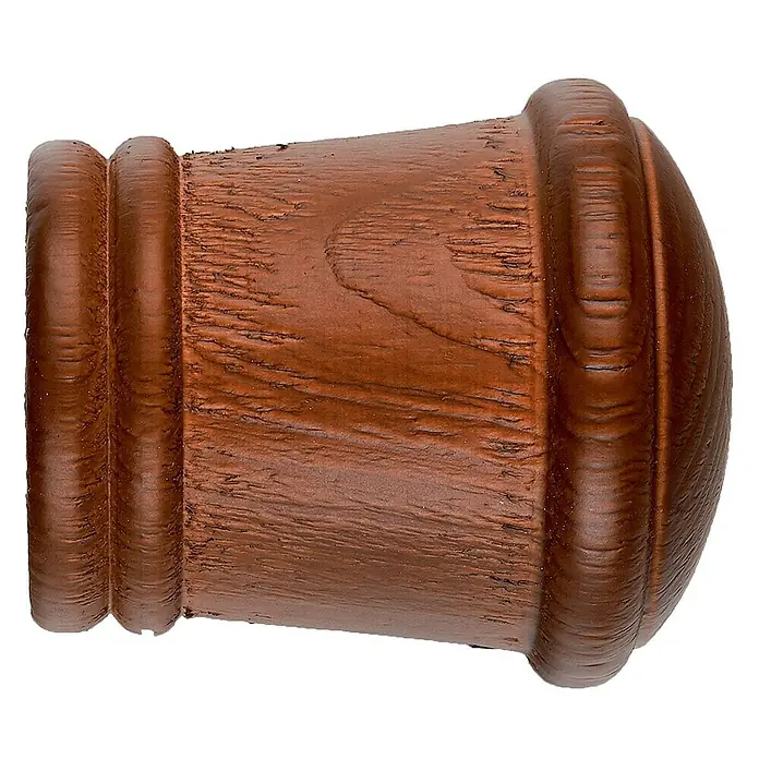 Tapa final Ideas wood cono - Cedro, 2 ud. - Primer plano de un extremo de barra de cortina de madera marrón decorativa con vetas de madera distintivas y forma redondeada.