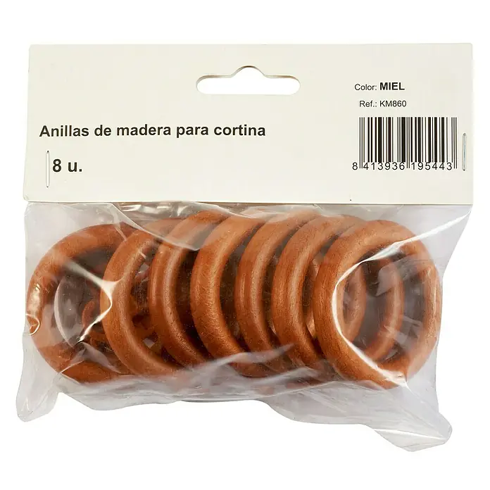Anilla para cortinas miel - 8 ud., Diámetro: 28 mm, Redonda - Un paquete de 8 anillas de madera para cortina en color miel (Miel), número de referencia KM860, ideal para barras de cortina.