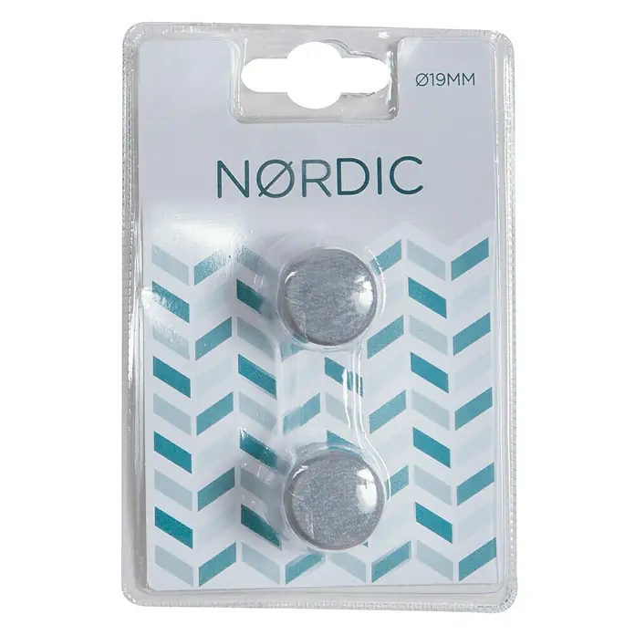 Tapones terminales Nordic - Gris plomo, 2 ud. - Un paquete de dos imanes NØRDIC redondos grises, de 19 mm de diámetro, envasados en un clamshell de plástico transparente.