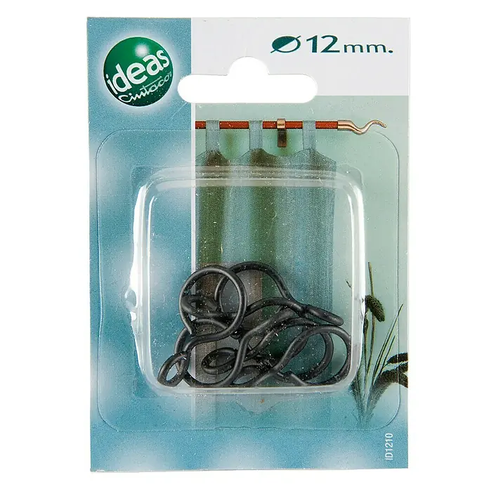 Anilla para cortinas con gancho Ideas 12 - Negro, 6 ud. - Paquete de anillas de cortina negras, de 12 mm de diámetro, de Ideas Cintas. Ideal para colgar cortinas.