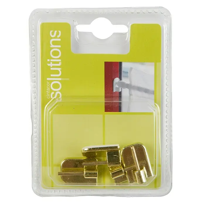 Soporte de pared adhesivo Solutions - L x An x Al: 1,2 x 1,7 x 2,4 cm, Plástico, Oro - Primer plano de un paquete de cerraduras de armario de latón CINTACOR, perfectas para fijar puertas y cajones en la casa.