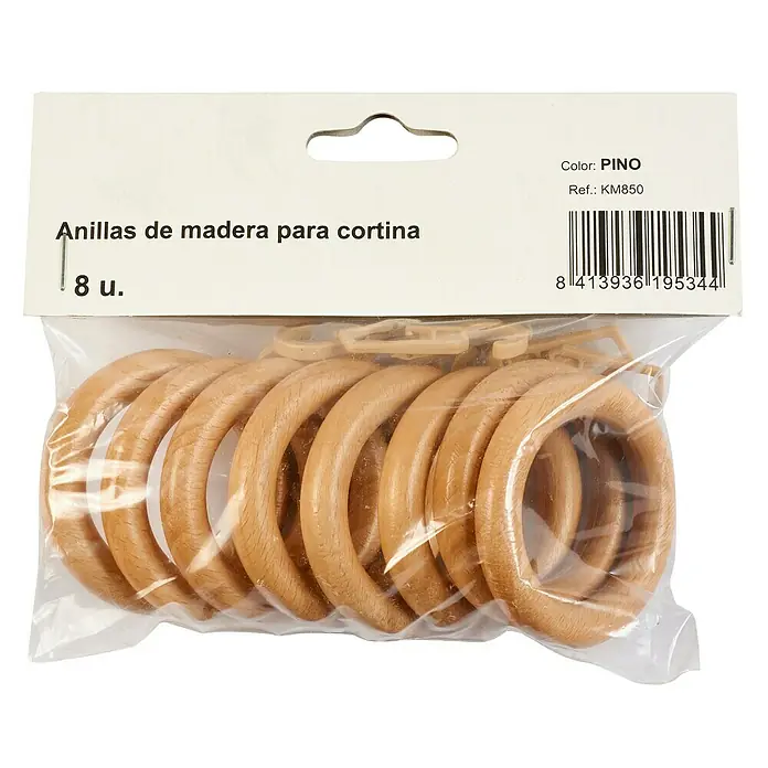 Anilla para cortinas - 8 ud., Diámetro: 28 mm, Pino, Redonda - Un paquete de ocho anillas de cortina de madera en color Pino, ideal para decorar tu casa con estilo.