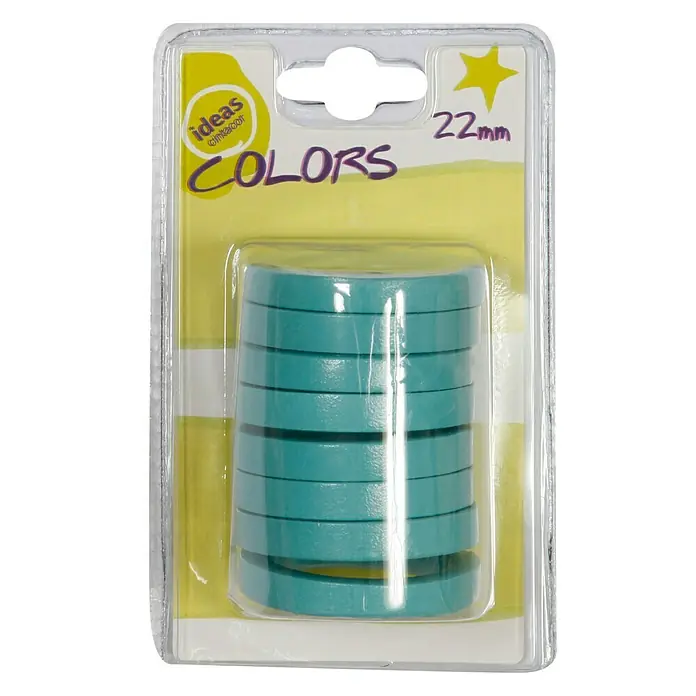 Anilla para cortinas Colors - 8 ud., Diámetro: 22 mm, Turquesa, Redonda - Un primer plano de un paquete de adornos de madera redondos azules etiquetados como "Colors", ideal para manualidades y proyectos creativos.
