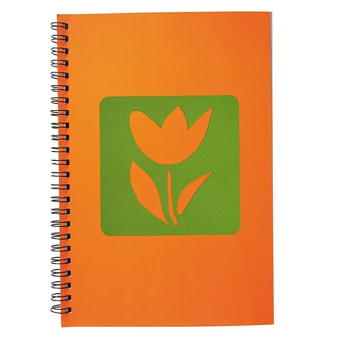 Vinilo de pared tulipán - Verde, Textil - Cuaderno naranja de espiral con un cuadrado verde y una flor naranja recortada. Ideal para notas, bocetos y proyectos creativos.