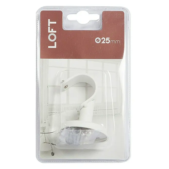 Soporte de techo Loft - Blanco, L x An x Al: 6,3 x 2 x 4,6 cm, Atornillado - Gancho magnético blanco con fijación metálica, Ø25mm, sellado en envase blíster transparente con soporte marrón.