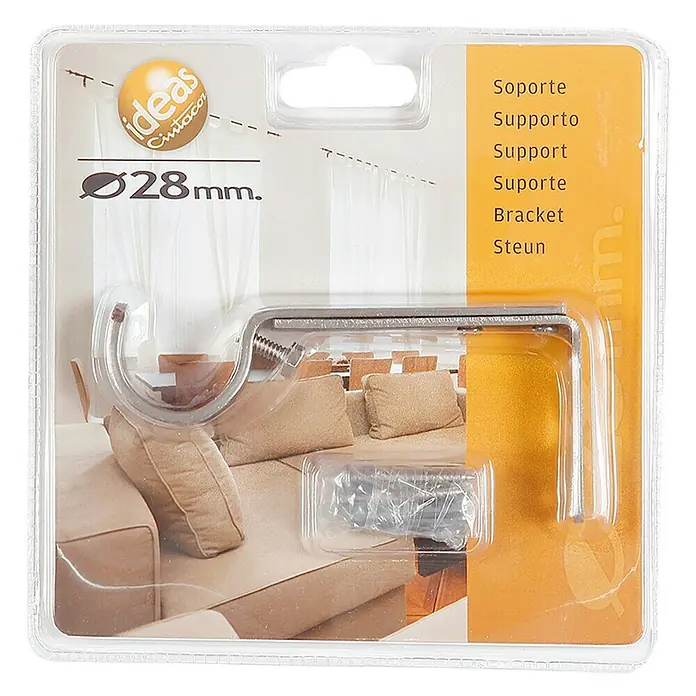 Soporte de pared extensible Ideas 28 - L x An x Al: 10,8 x 1,6 x 4,8 cm, Diámetro: 28 mm, Metal, Plateado - Embalaje de un soporte metálico para barra de cortina (28 mm) con tornillos para una fácil instalación de cortinas.