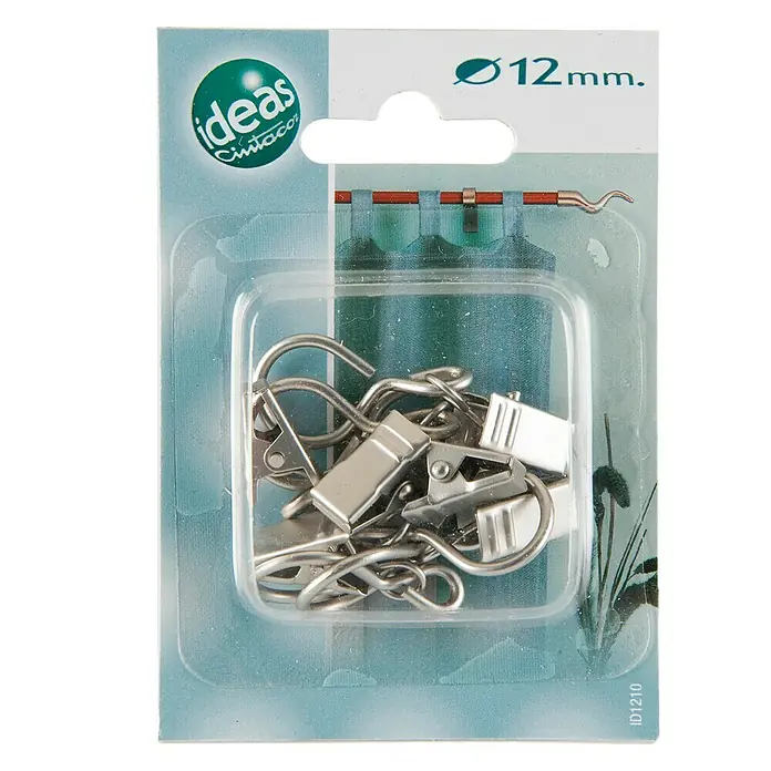Anilla para cortinas con pinza Ideas 12 - Plateado, 6 ud. - Un paquete de ganchos y pinzas para cortinas de 12 mm de Ideas Sintac, ideal para colgar cortinas y otros textiles en el hogar.