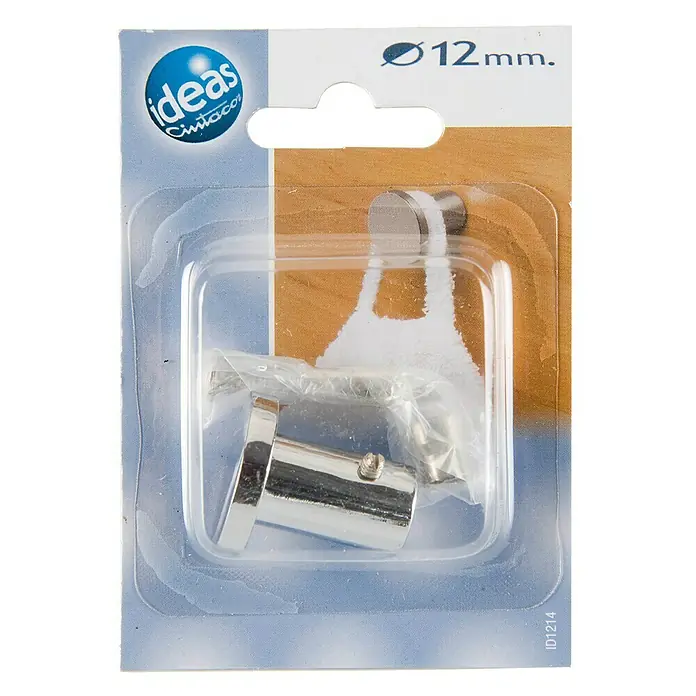 Gancho para colgar Alzapaño - L x An x Al: 3,1 x 2,8 x 2,8 cm, Metal, Cromo - Un blíster con un soporte de barra de cortina de ducha brillante de color plateado. El accesorio está bien sujeto en un paquete de plástico transparente.