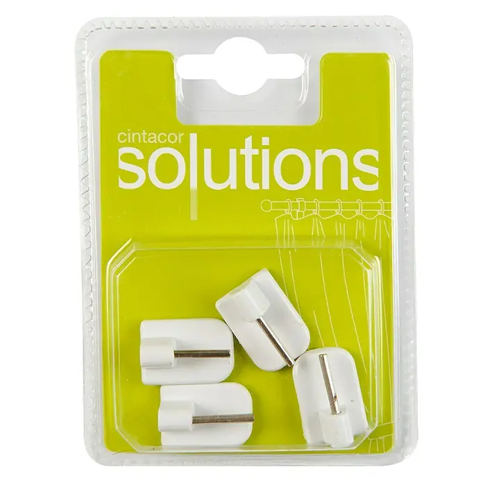 Soporte de pared adhesivo - Blanco, L x An x Al: 1,2 x 1,7 x 2,4 cm, Pegado - Primer plano de un paquete de ganchos para cortinas Cintacor Solutions en un embalaje transparente con cuatro ganchos.