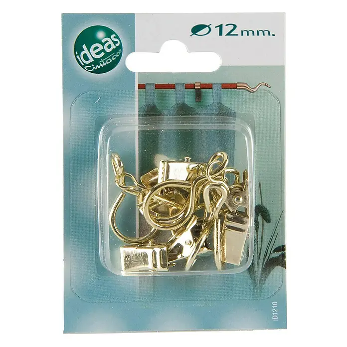 Anilla para cortinas Ideas 12 pinza dorado - 6 ud. - Paquete de ganchos de cortina dorados de Ideas Cintacor, 12 mm de diámetro, para una decoración elegante de ventanas.