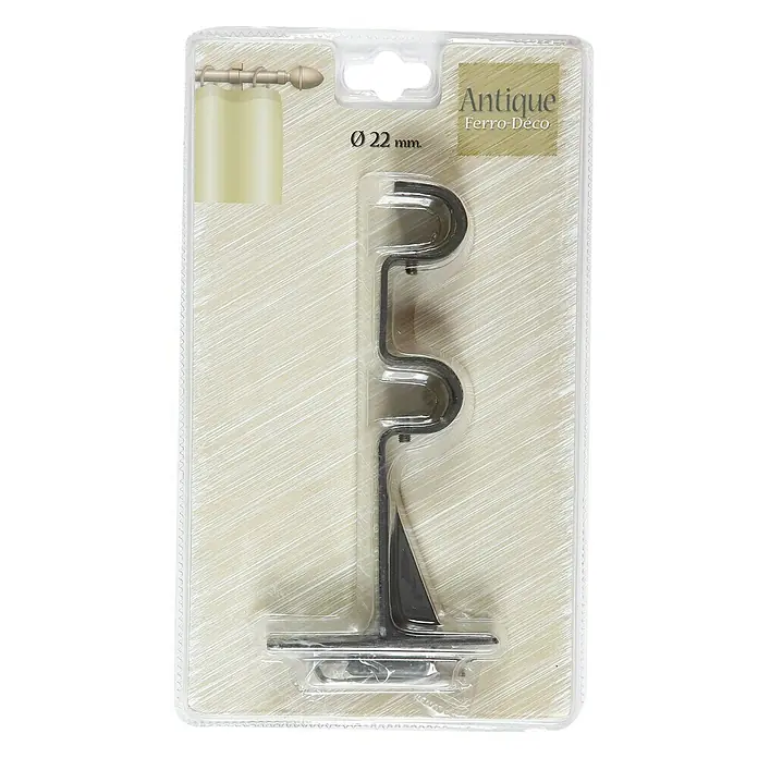 Soporte de pared doble - L x An x Al: 16,9 x 2,5 x 8,5 cm, Diámetro: 22 mm, Metal, Negro - Primer plano de un soporte de barra de cortina doble color plateado empaquetado de Antique Ferro-Deco, Ø 22 mm, para montaje en pared.