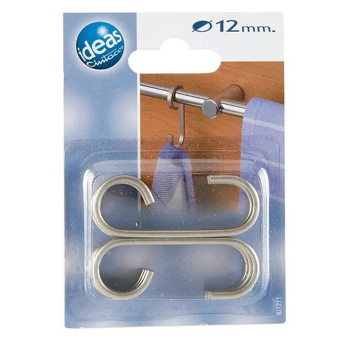 Gancho para colgar gancho Ideas 12 - L x An x Al: 2,2 x 5,7 x 0,3 cm, Metal, Plata - Imagen de un paquete que contiene dos ganchos metálicos en forma de S, ideales para colgar objetos.